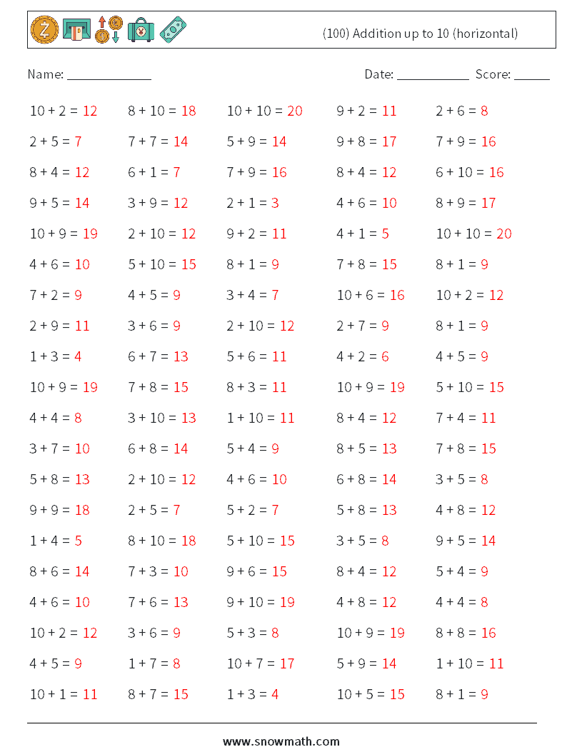 (100) Addition up to 10 (horizontal) Math Worksheets 5 Question, Answer