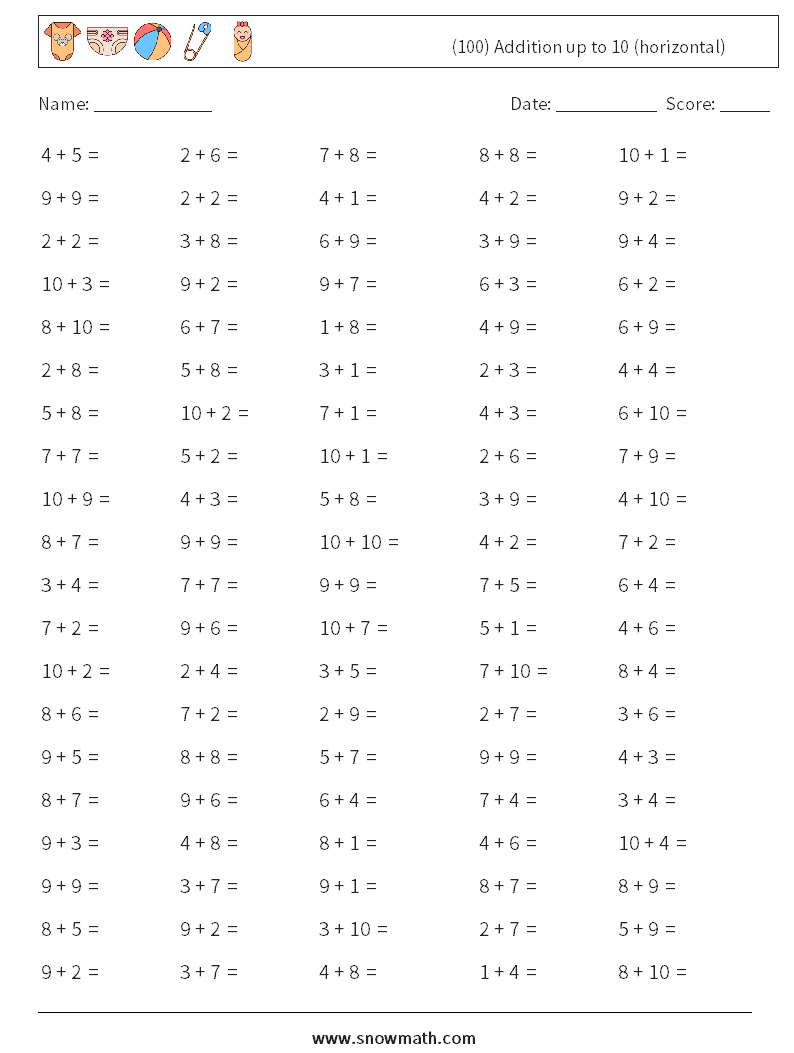 (100) Addition up to 10 (horizontal) Maths Worksheets 6