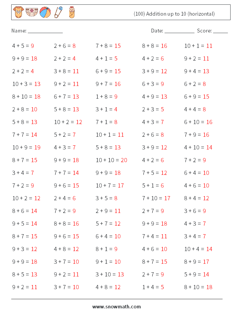 (100) Addition up to 10 (horizontal) Math Worksheets 6 Question, Answer