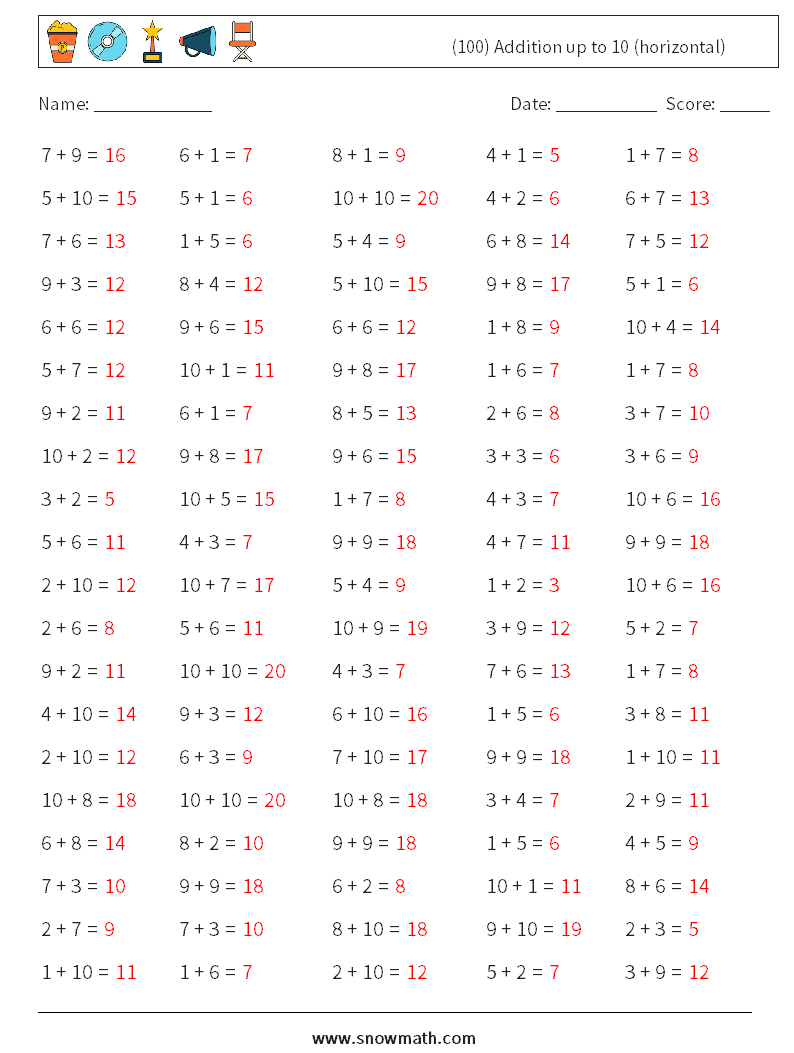 (100) Addition up to 10 (horizontal) Math Worksheets 7 Question, Answer