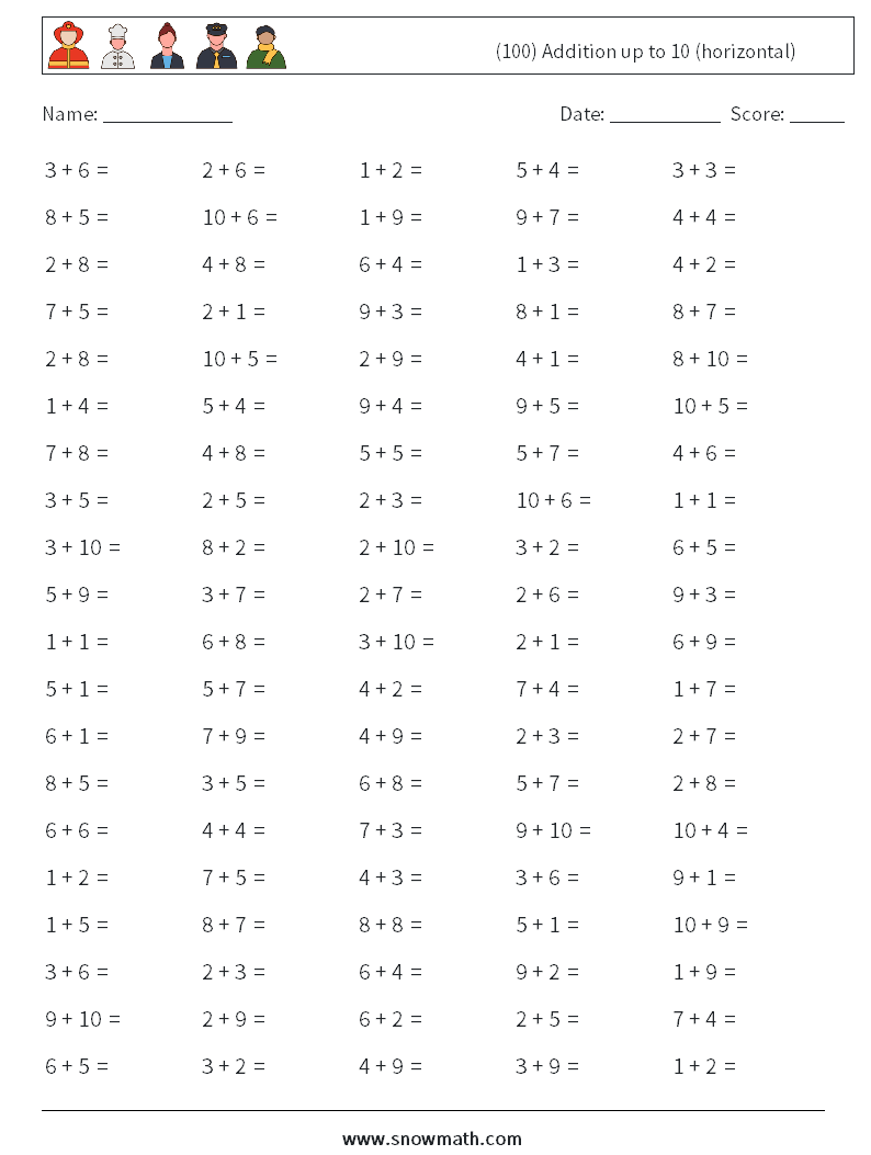 (100) Addition up to 10 (horizontal) Math Worksheets 8