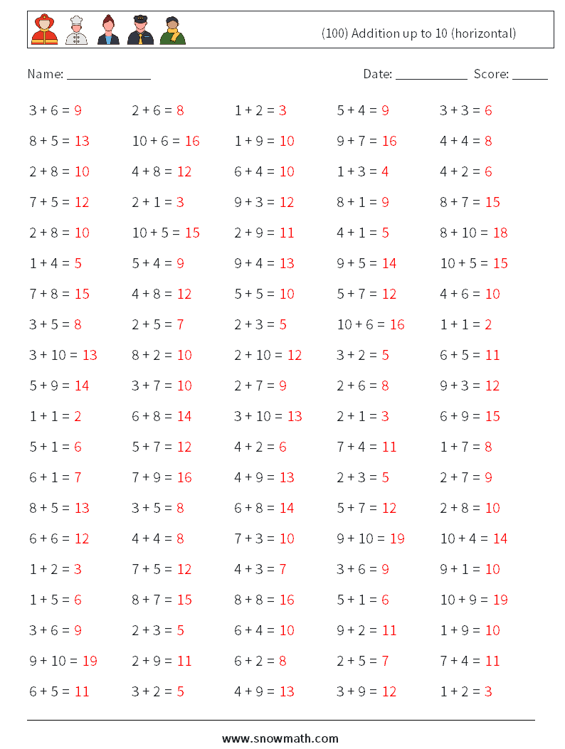 (100) Addition up to 10 (horizontal) Math Worksheets 8 Question, Answer