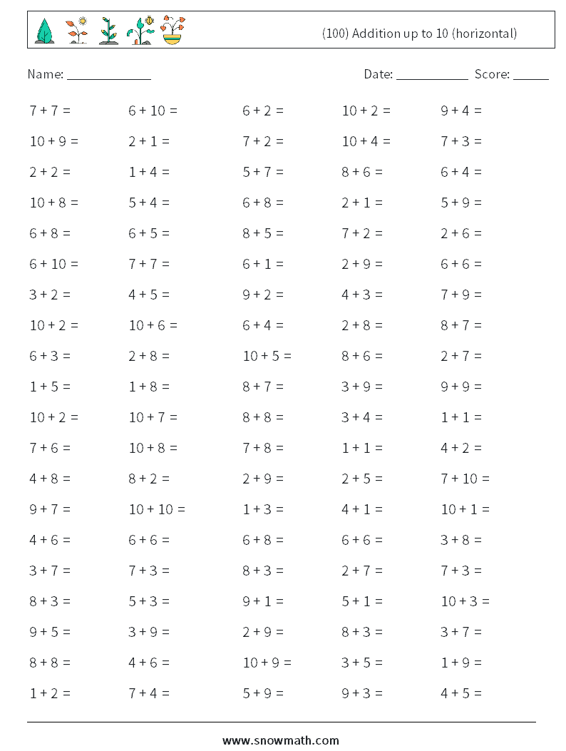 (100) Addition up to 10 (horizontal) Maths Worksheets 9