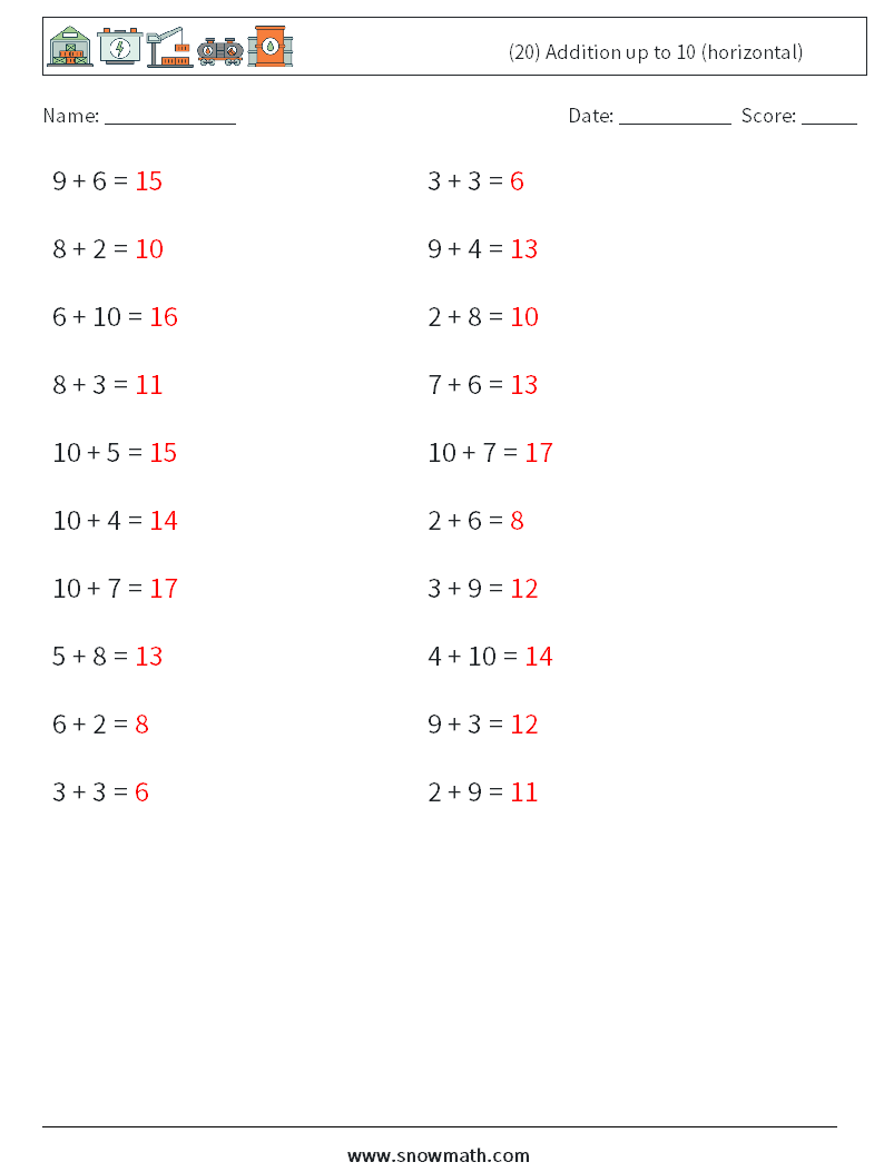 (20) Addition up to 10 (horizontal) Math Worksheets 1 Question, Answer