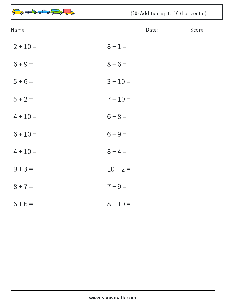 (20) Addition up to 10 (horizontal) Maths Worksheets 2