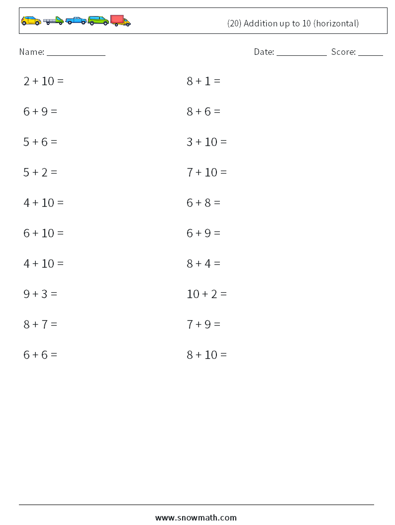 (20) Addition up to 10 (horizontal) Math Worksheets 2