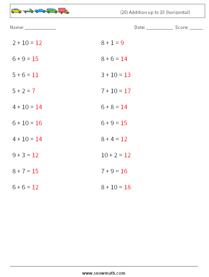 (20) Addition up to 10 (horizontal) Math Worksheets 2 Question, Answer