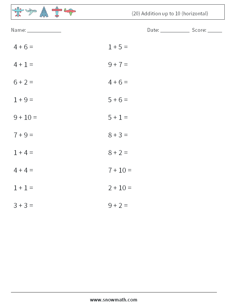 (20) Addition up to 10 (horizontal) Maths Worksheets 3