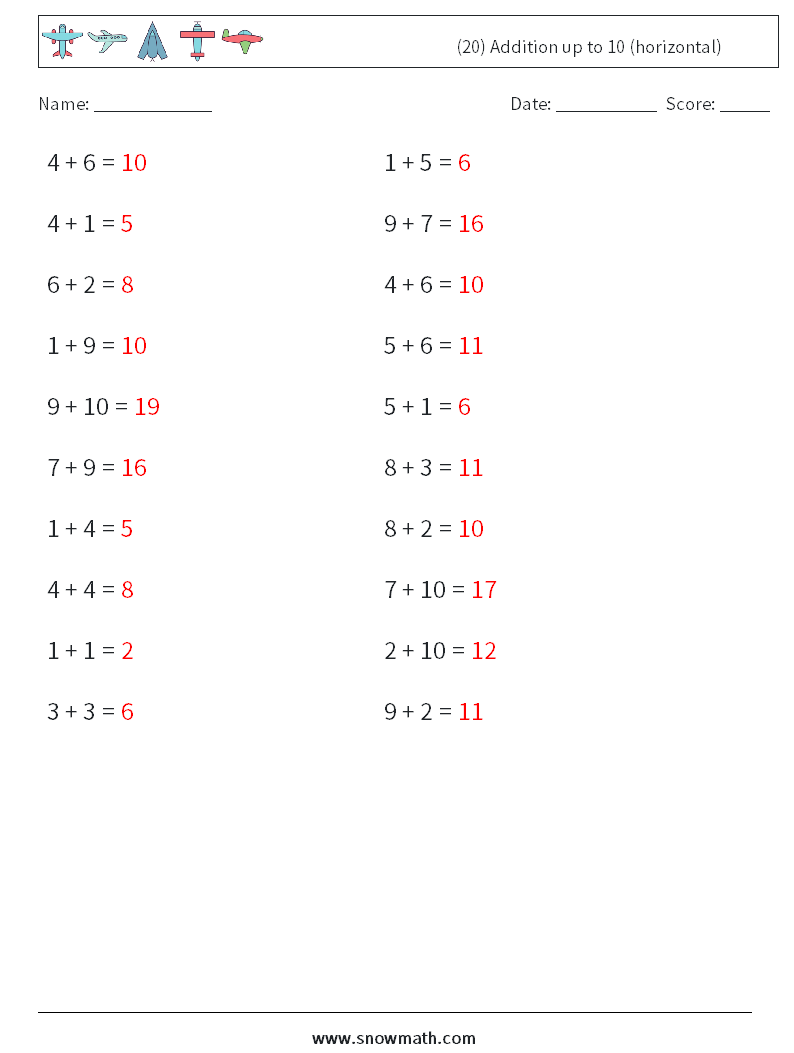 (20) Addition up to 10 (horizontal) Math Worksheets 3 Question, Answer