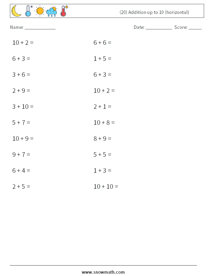 (20) Addition up to 10 (horizontal) Math Worksheets 4