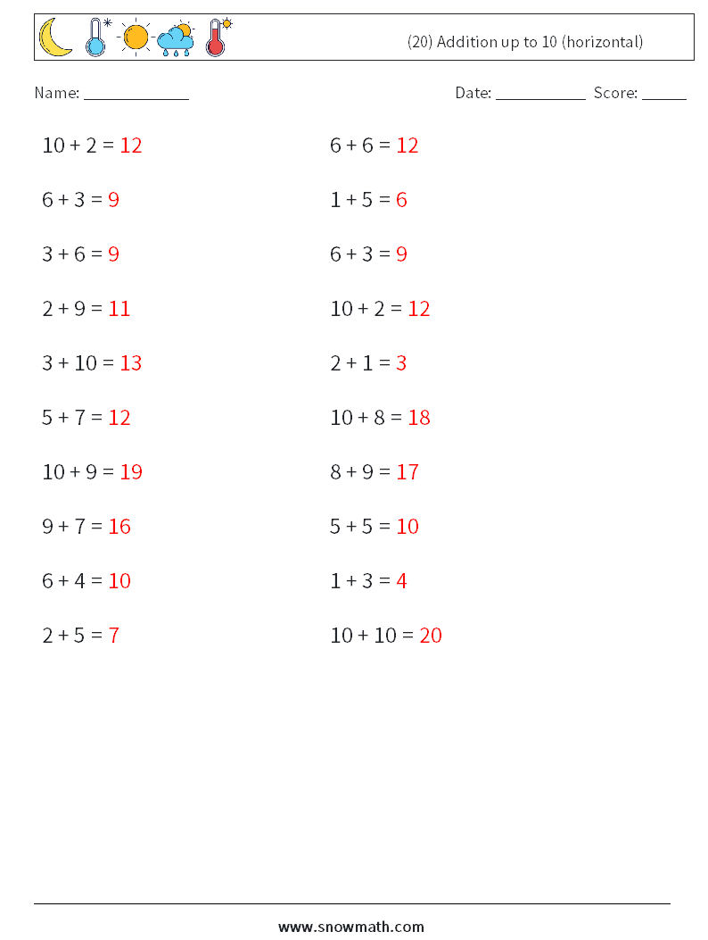 (20) Addition up to 10 (horizontal) Math Worksheets 4 Question, Answer