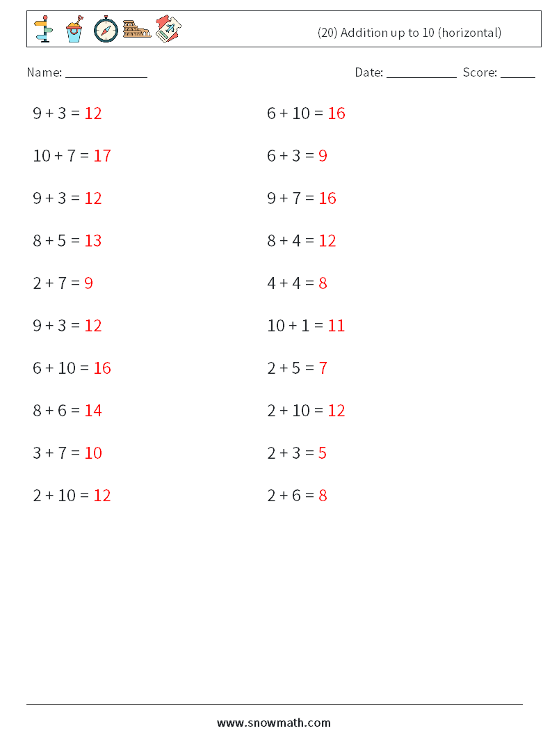 (20) Addition up to 10 (horizontal) Math Worksheets 5 Question, Answer