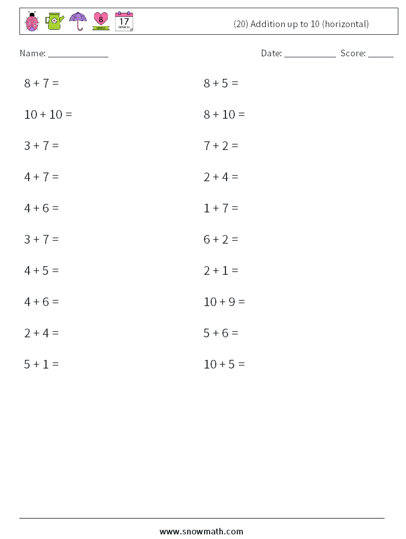 (20) Addition up to 10 (horizontal) Math Worksheets 6