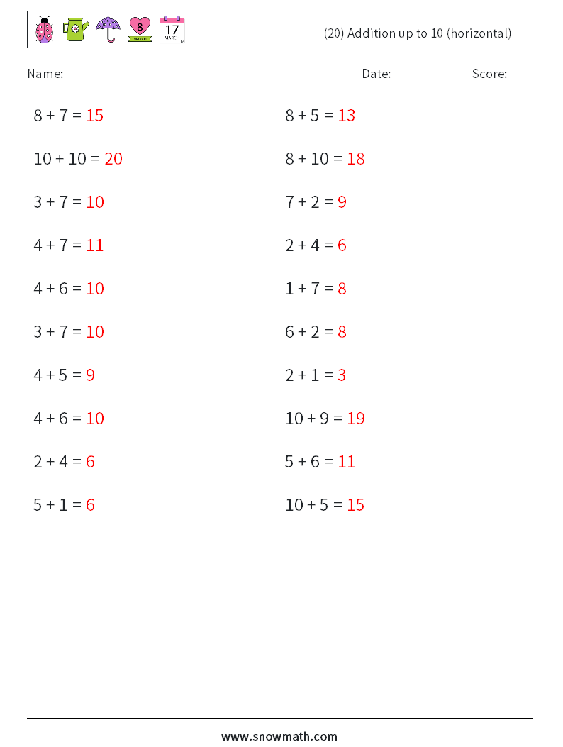 (20) Addition up to 10 (horizontal) Math Worksheets 6 Question, Answer