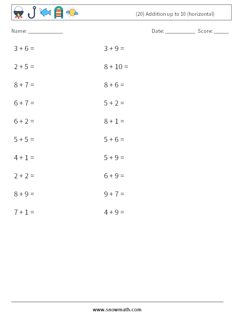 (20) Addition up to 10 (horizontal) Maths Worksheets 7