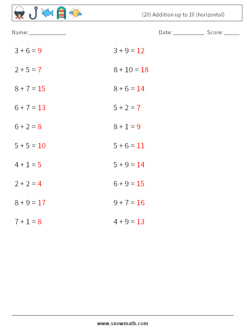 (20) Addition up to 10 (horizontal) Math Worksheets 7 Question, Answer