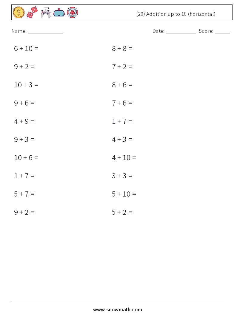 (20) Addition up to 10 (horizontal) Math Worksheets 8