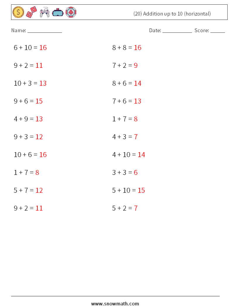 (20) Addition up to 10 (horizontal) Math Worksheets 8 Question, Answer