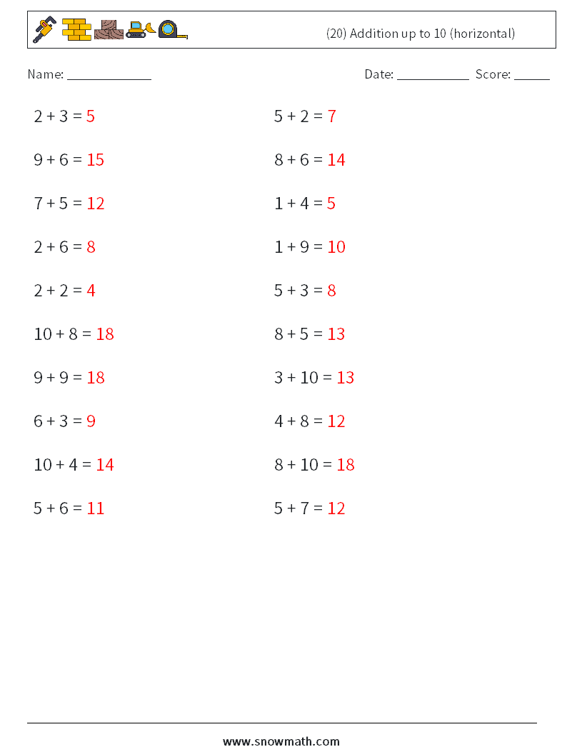 (20) Addition up to 10 (horizontal) Math Worksheets 9 Question, Answer