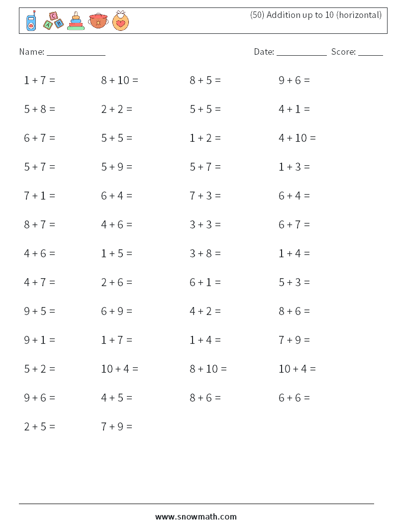 (50) Addition up to 10 (horizontal) Math Worksheets 1