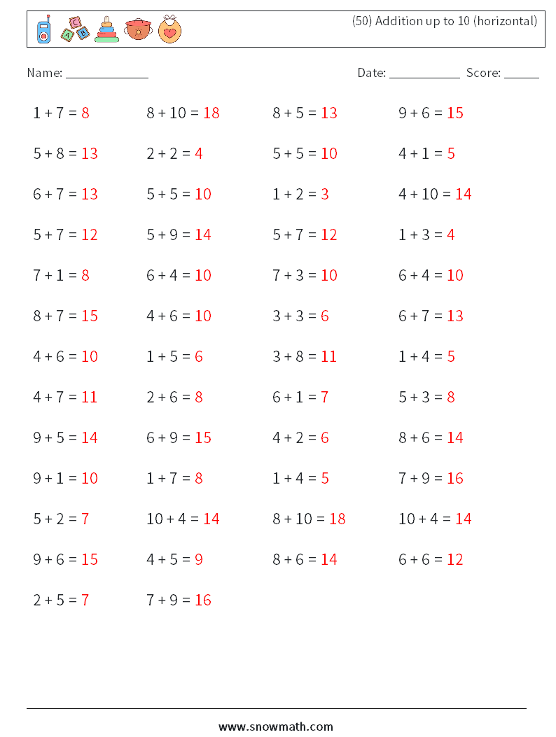 (50) Addition up to 10 (horizontal) Math Worksheets 1 Question, Answer