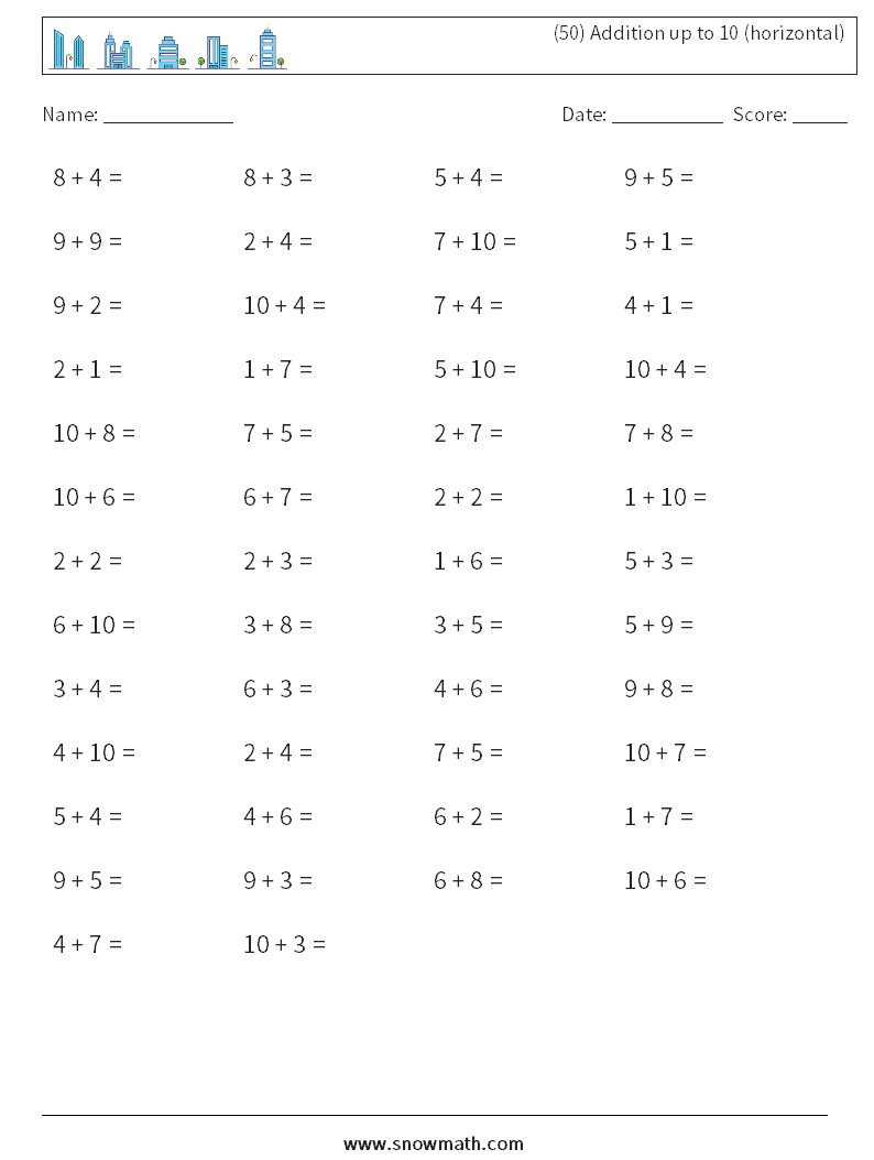 (50) Addition up to 10 (horizontal) Math Worksheets 5