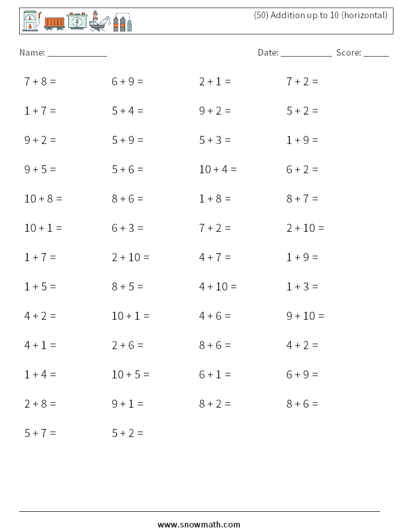 (50) Addition up to 10 (horizontal) Math Worksheets 6