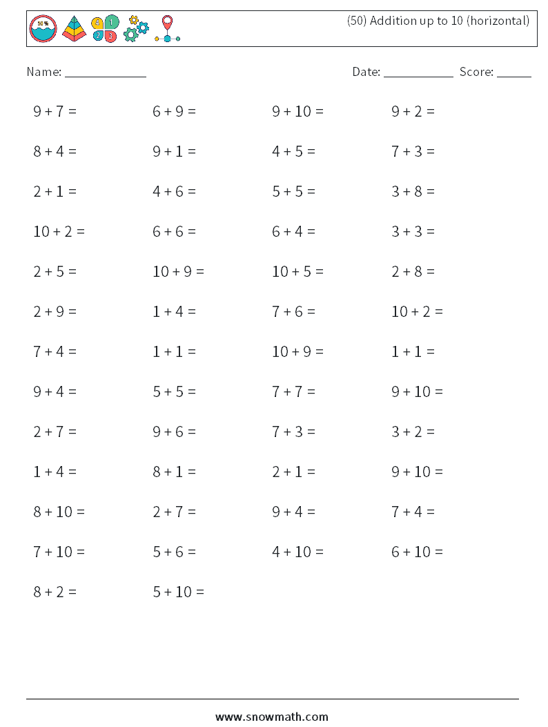 (50) Addition up to 10 (horizontal) Math Worksheets 7