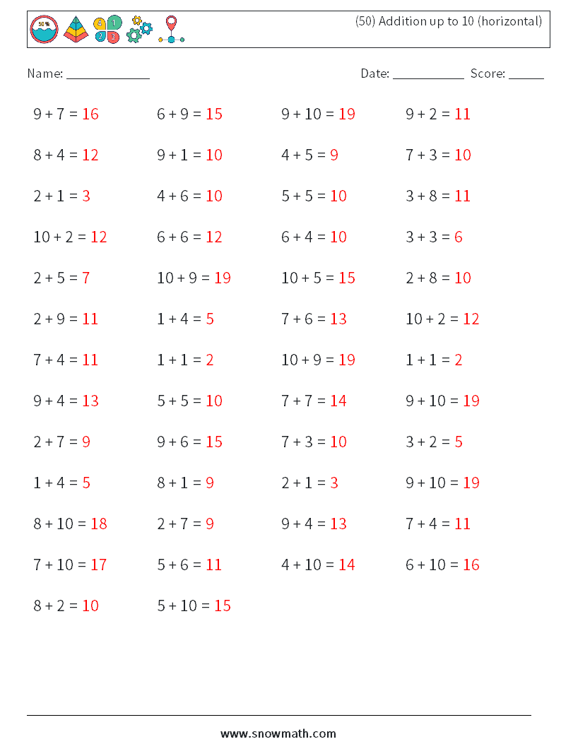 (50) Addition up to 10 (horizontal) Math Worksheets 7 Question, Answer