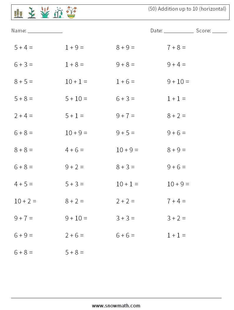 (50) Addition up to 10 (horizontal) Maths Worksheets 9