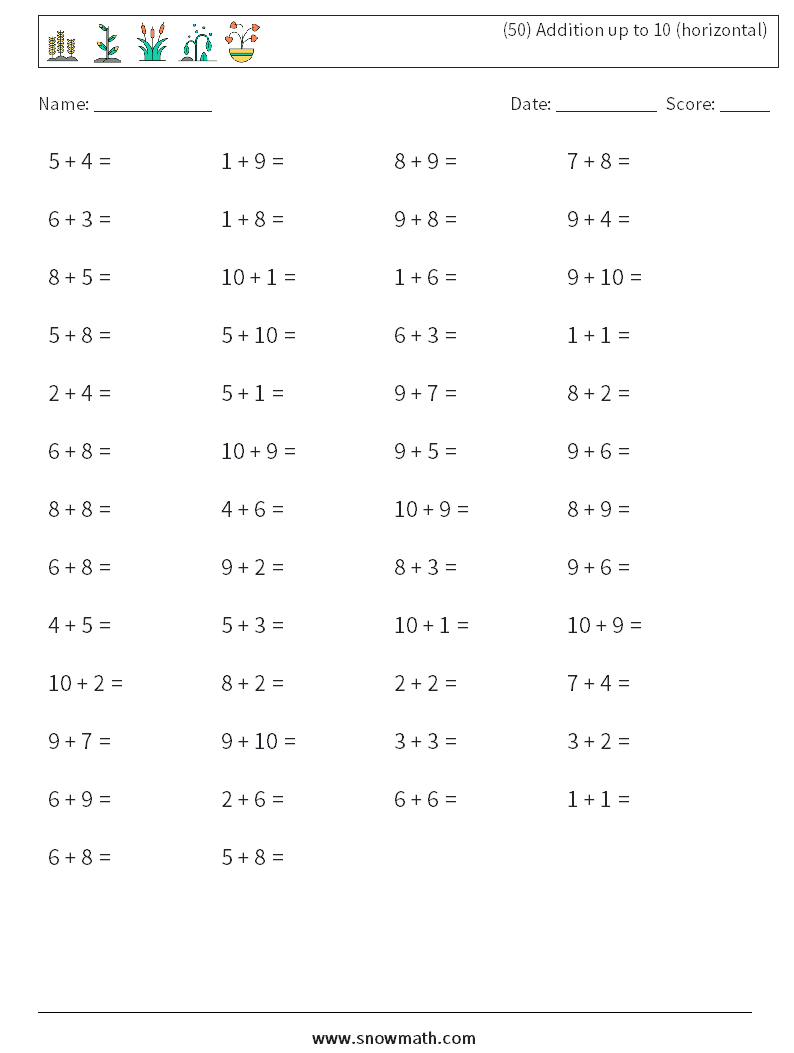 (50) Addition up to 10 (horizontal) Math Worksheets 9