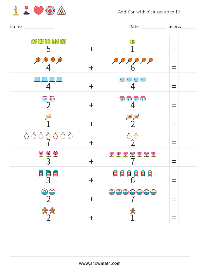 Addition with pictures up to 10 Maths Worksheets 1