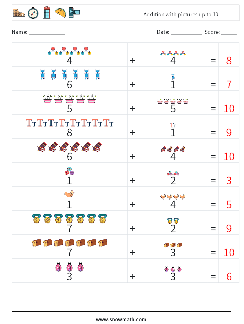 Addition with pictures up to 10 Math Worksheets 10 Question, Answer