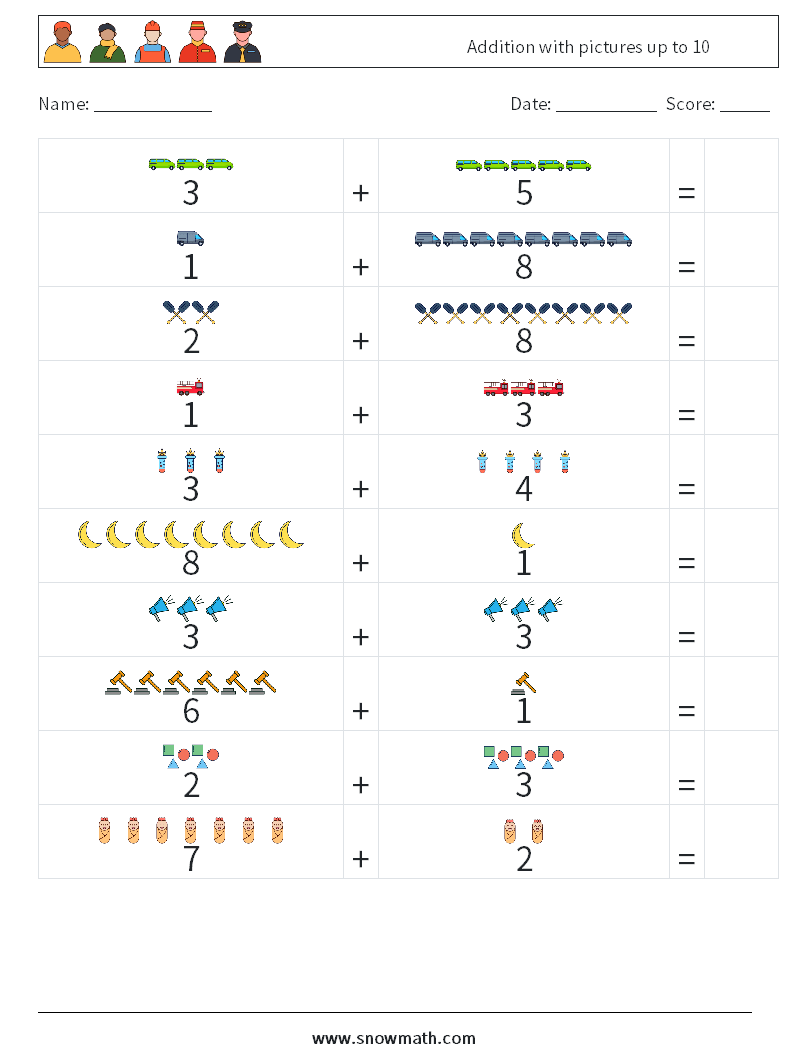 Addition with pictures up to 10 Math Worksheets 12