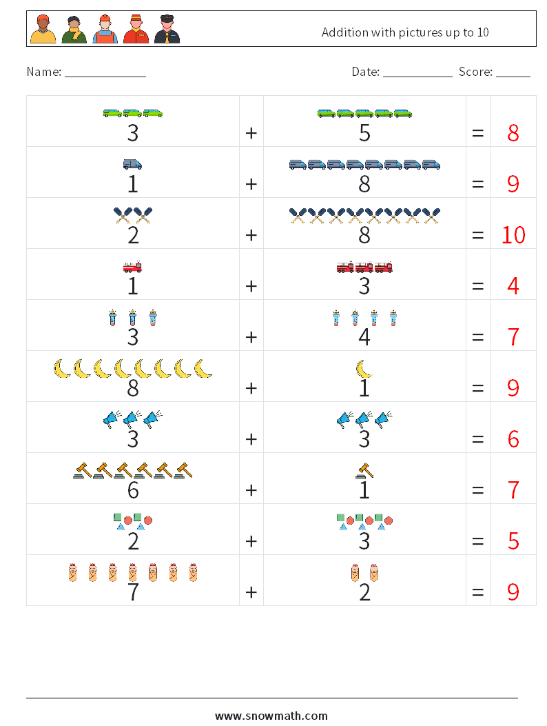 Addition with pictures up to 10 Math Worksheets 12 Question, Answer