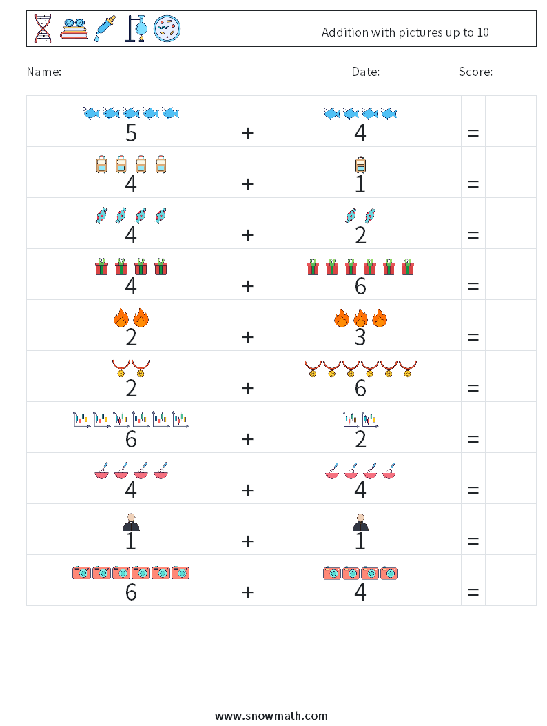 Addition with pictures up to 10 Maths Worksheets 13