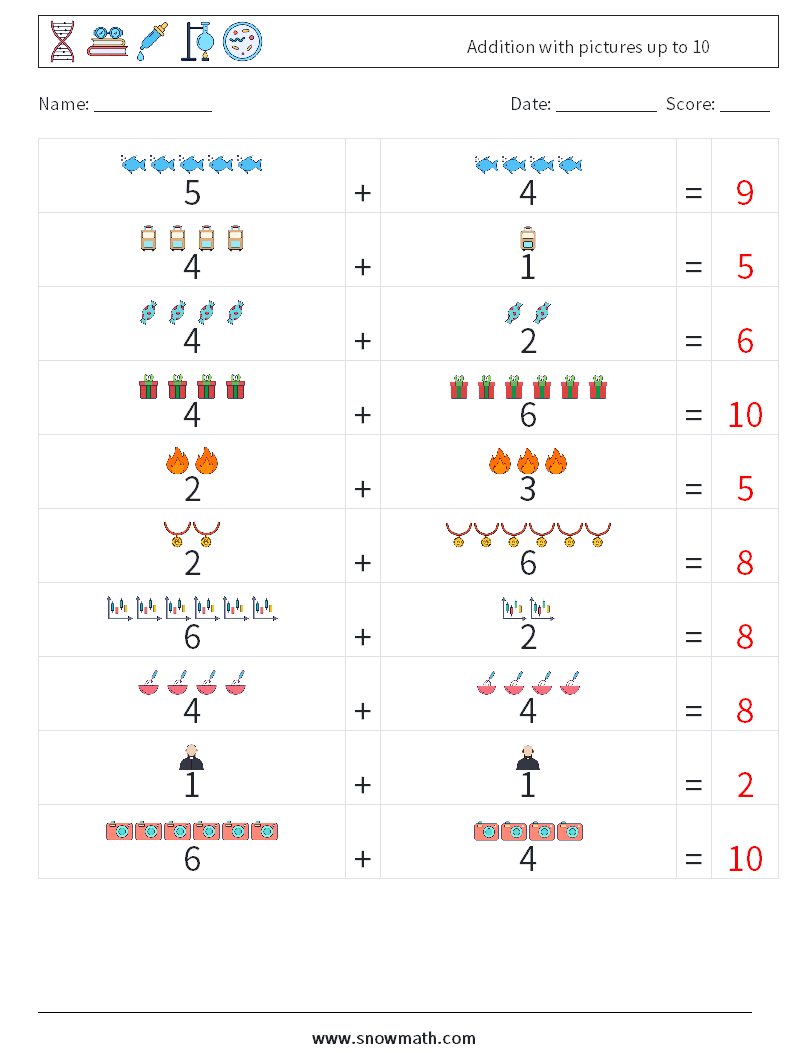 Addition with pictures up to 10 Math Worksheets 13 Question, Answer