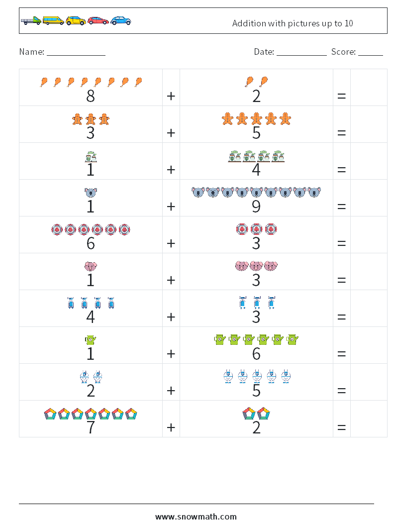 Addition with pictures up to 10 Maths Worksheets 14