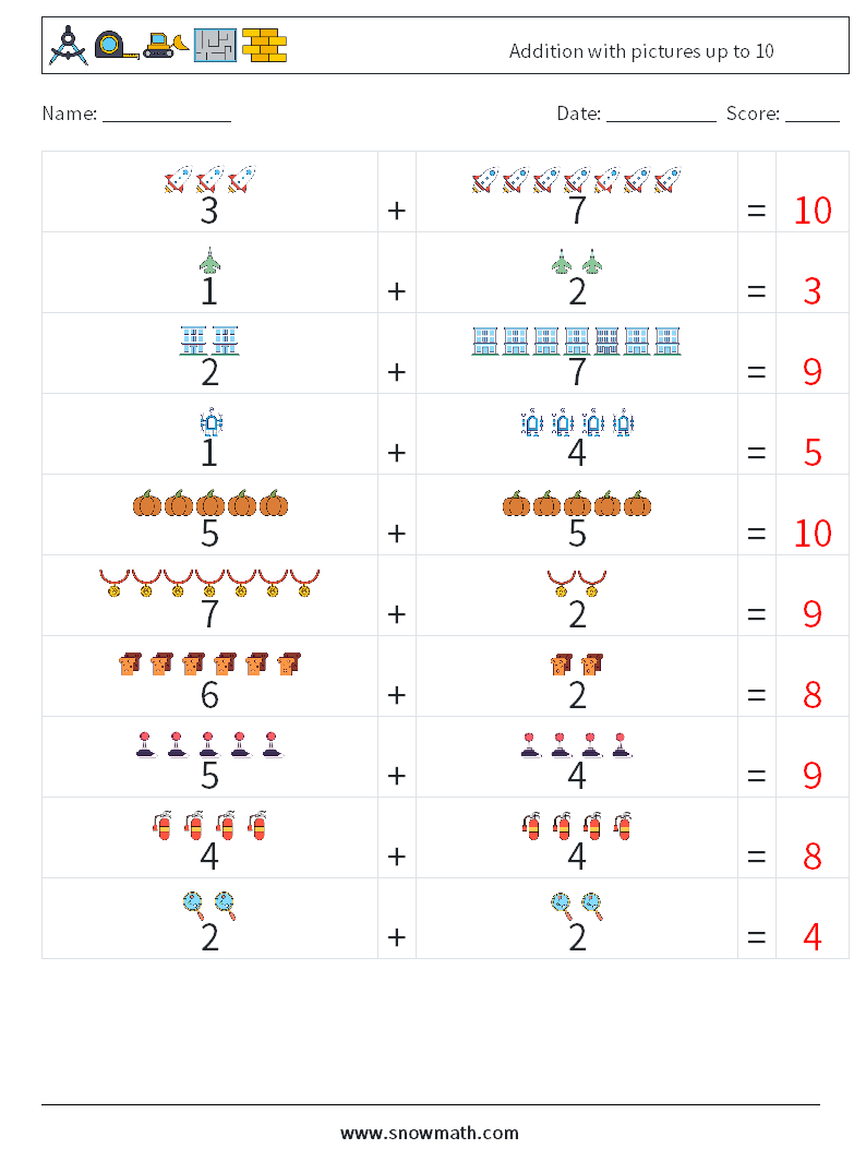 Addition with pictures up to 10 Math Worksheets 15 Question, Answer