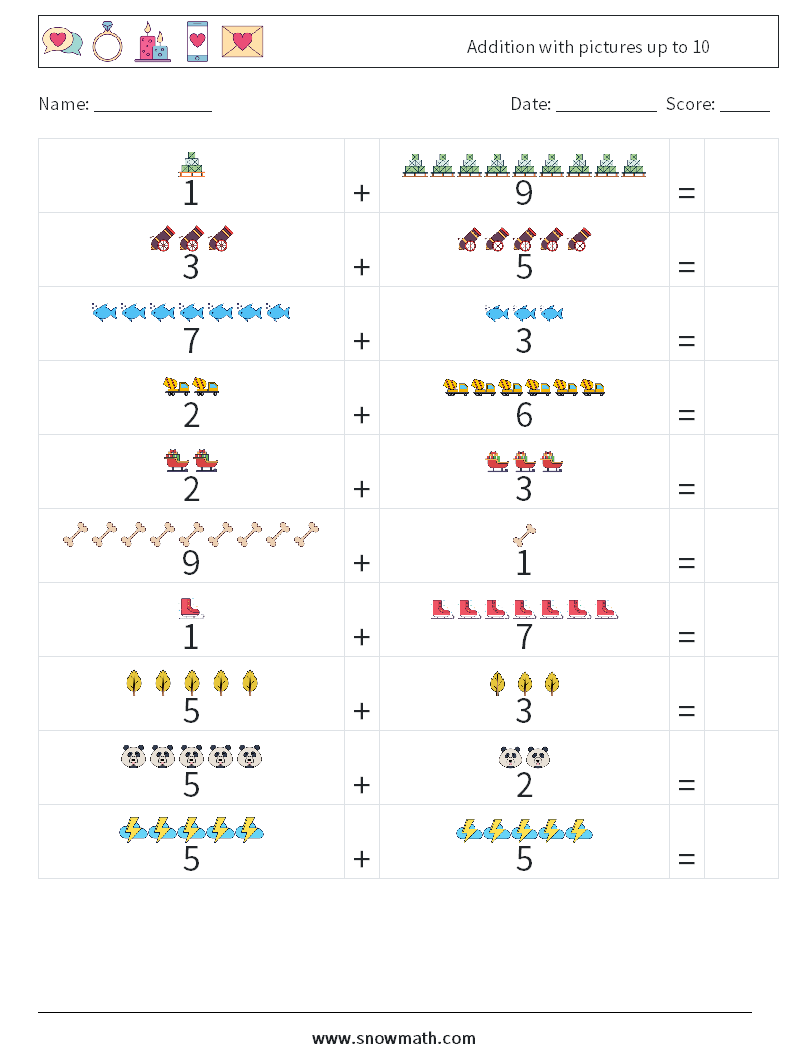 Addition with pictures up to 10 Math Worksheets 16