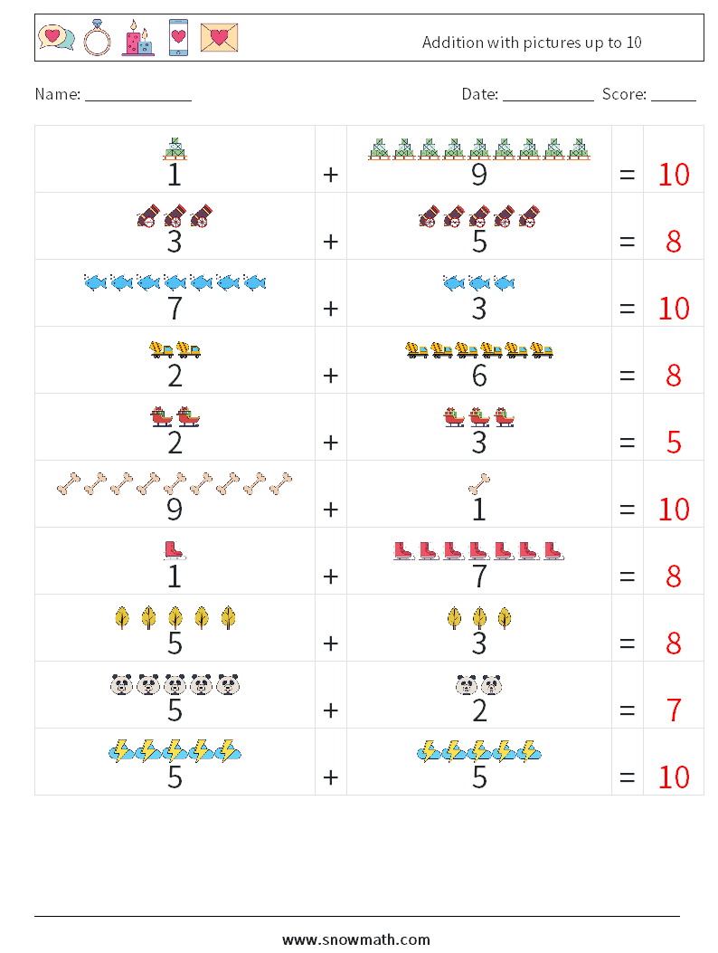 Addition with pictures up to 10 Math Worksheets 16 Question, Answer