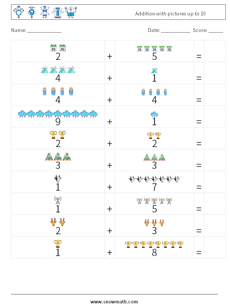 Addition with pictures up to 10 Math Worksheets 17