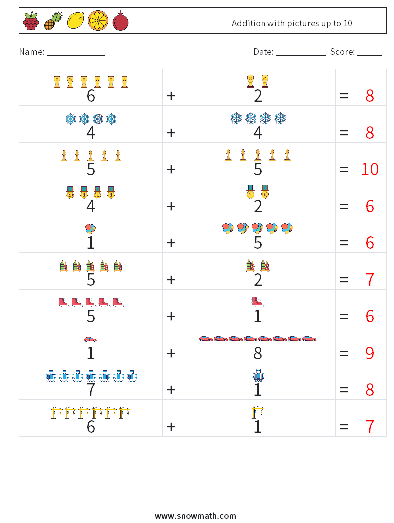 Addition with pictures up to 10 Math Worksheets 18 Question, Answer