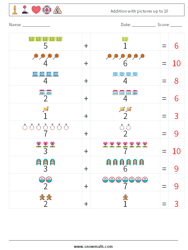 Addition with pictures up to 10 Math Worksheets 1 Question, Answer