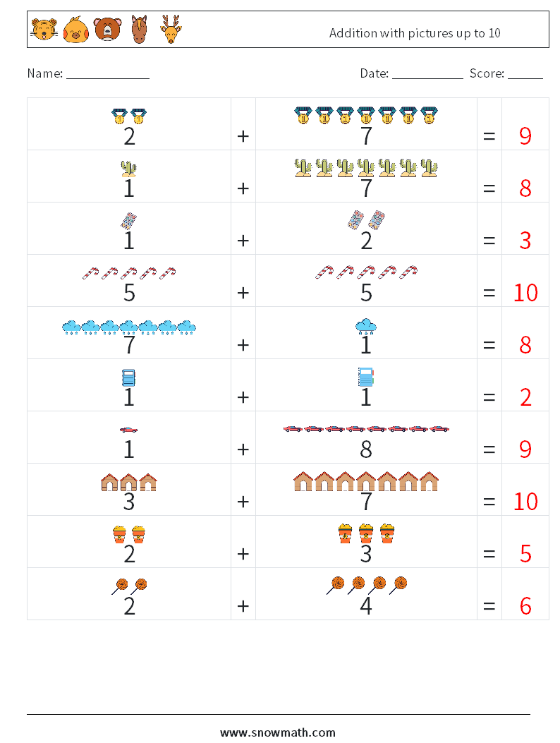 Addition with pictures up to 10 Math Worksheets 2 Question, Answer