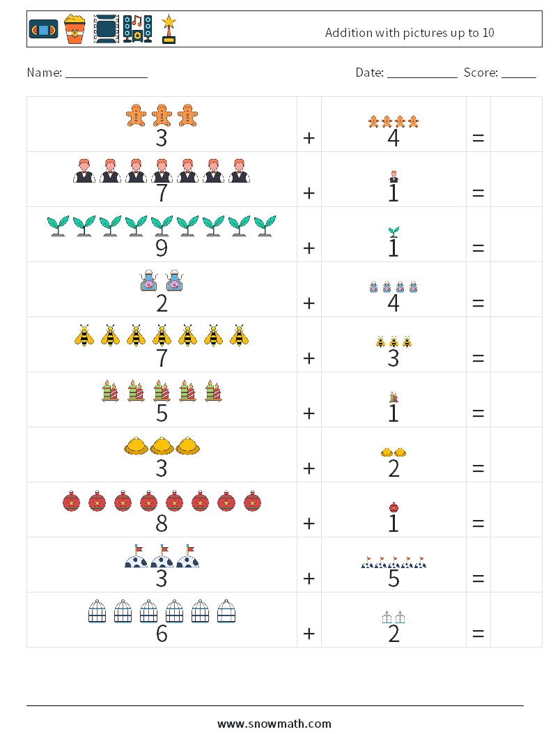 Addition with pictures up to 10 Math Worksheets 3