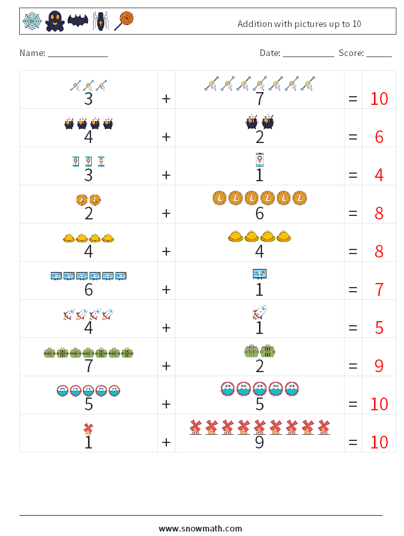 Addition with pictures up to 10 Math Worksheets 4 Question, Answer