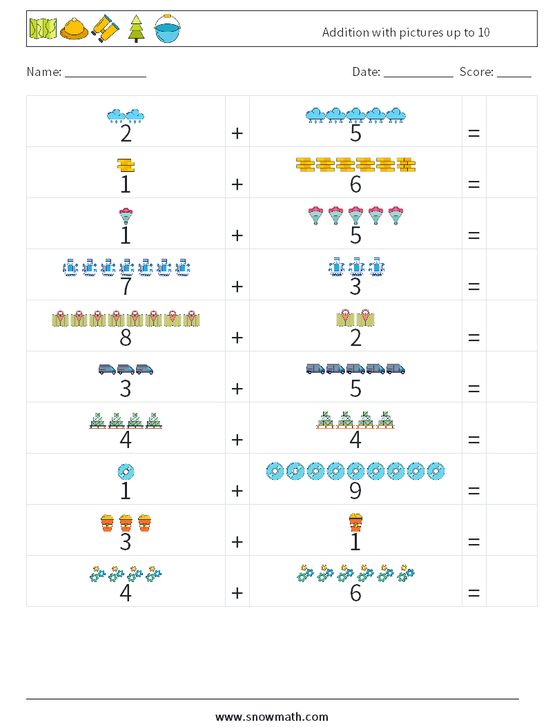 Addition with pictures up to 10 Maths Worksheets 5