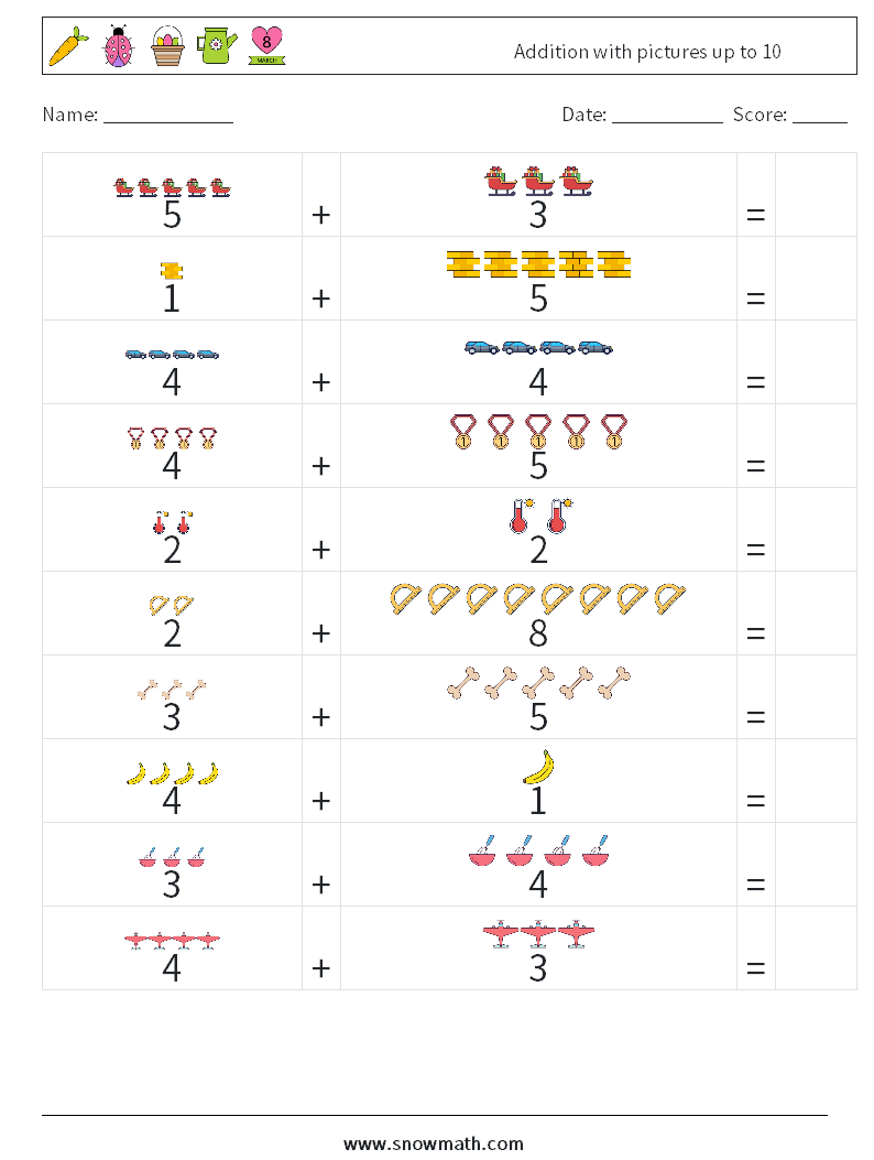 Addition with pictures up to 10 Maths Worksheets 6