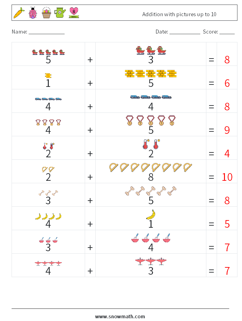 Addition with pictures up to 10 Math Worksheets 6 Question, Answer